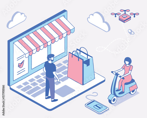 Online shopping and delivery with drone and scooter illustration on white background