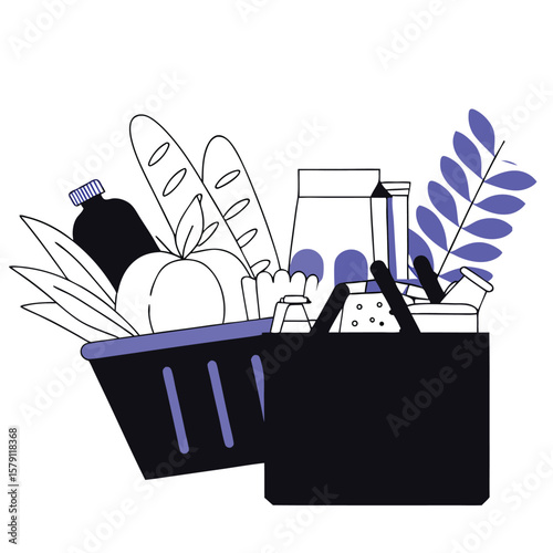 Two baskets filled with essential groceries, including bread, produce, and a leafy branch, are depicted