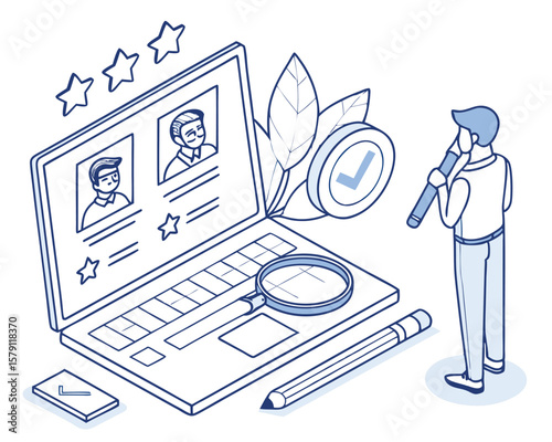 Recruiting process illustrated with isometric laptop and person on white background