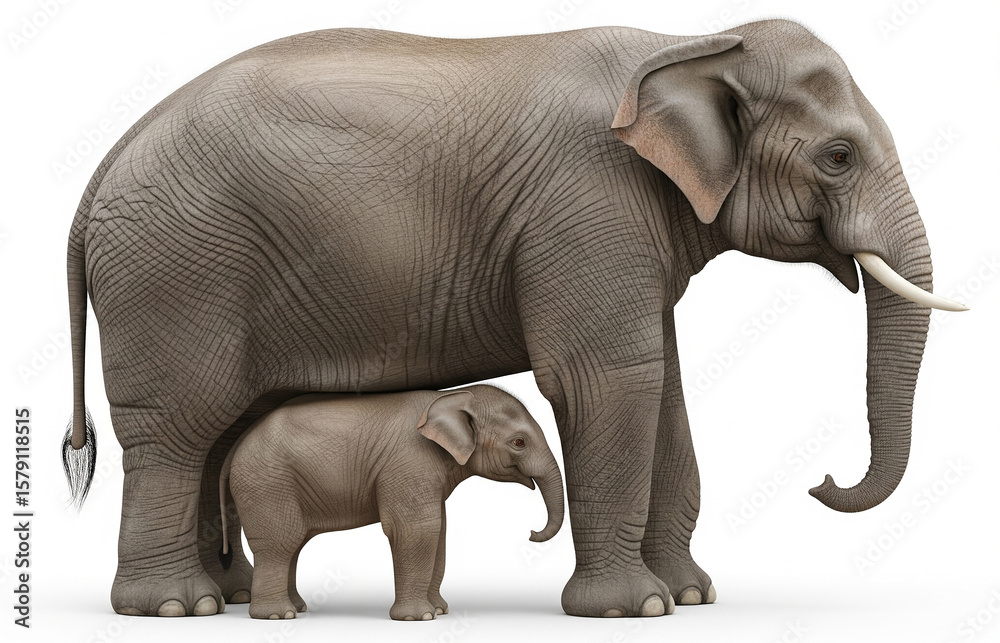 Fototapeta premium Elephant mother and calf on white background. Side view of Asian Elephant with small child elephant.