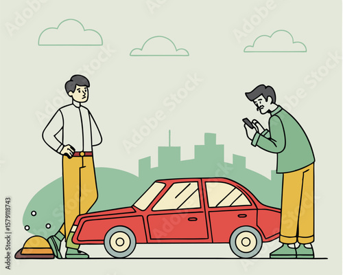 Two men standing near a red car with a city silhouette background