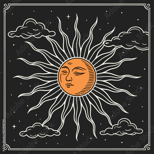 Celestial sun with clouds and stars vector