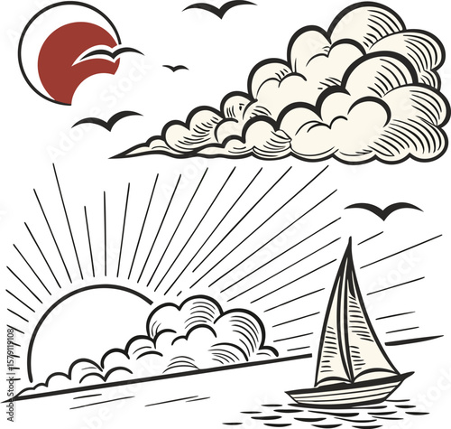 Sailing boat under sun and clouds sailboat ocean