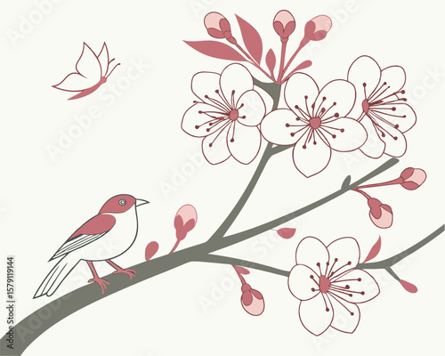 Beautiful floral branch with bird and butterfly artwork with transparent background