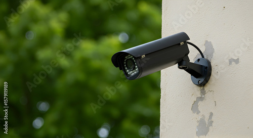 Outdoor Security Camera Installed on a Wall Surrounded by Green Foliage for Enhanced Surveillance