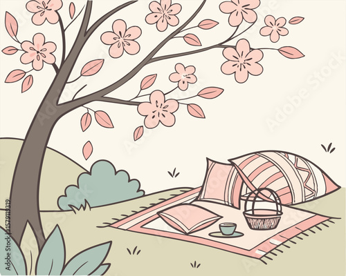 Charming picnic under a blooming cherry blossom tree with transparency