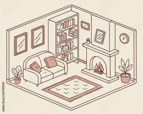 Cozy isometric living room illustration featuring bookshelf sofa fireplace and plants