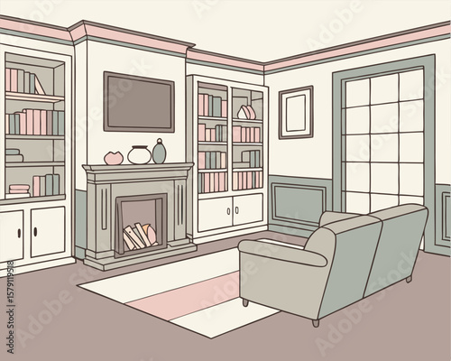 Cozy living room interior illustration with bookshelf fireplace sofa and windows