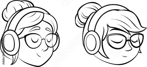 Minimalist line art of girls listening to music with headphones – serene portrait, audio enjoyment, calm, peaceful mood illustration isolated on white background