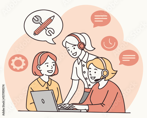 Customer service team working together with headsets and laptop with transparency