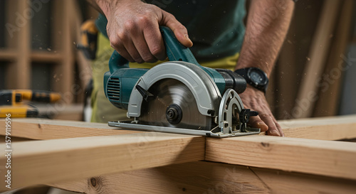 Close-Up of a Skilled Carpenter Using a Circular Saw to Cut Wooden Planks for a Construction Project in a Workshop