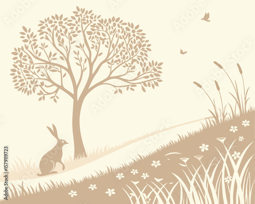 Elegant landscape silhouette featuring a hare tree grass and birds with a beige tonal color scheme