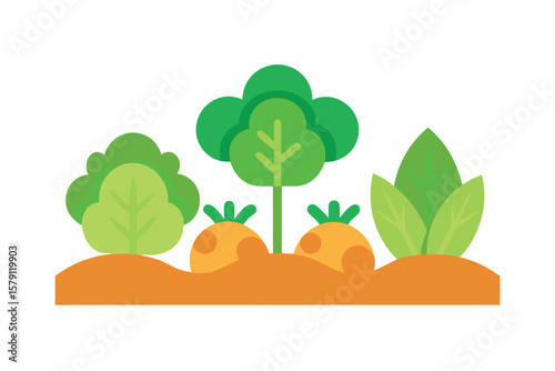Vibrant Garden Illustration Lush Greenery, Blooming Plants, and Fresh Produce