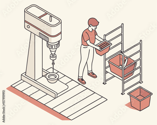 Illustrated isometric bakery scene featuring a dough mixer and worker interacting