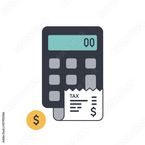 Calculator with tax receipt and dollar sign on white background  
