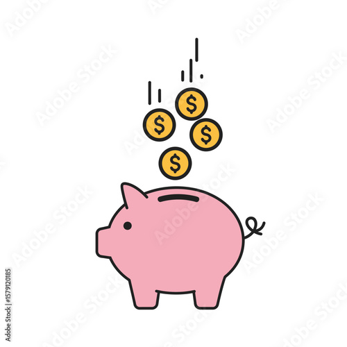 Piggy bank with coins falling into it on white background  