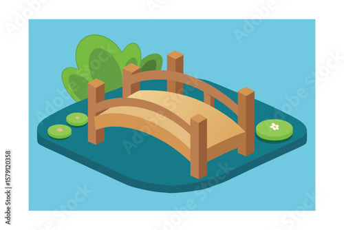 Serene Wooden Bridge Spanning a Tranquil Pond Isometric Illustration