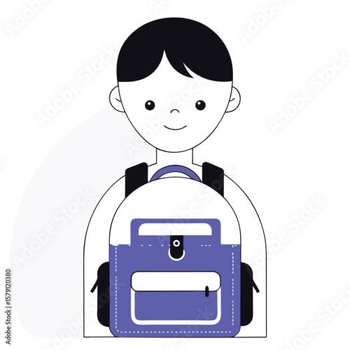 Young boy with black hair carries a stylish violet backpack, presented on transparent background