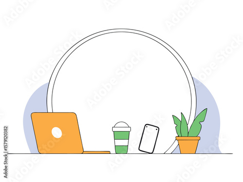 Minimalist digital workspace illustration featuring laptop, smartphone, coffee and plant