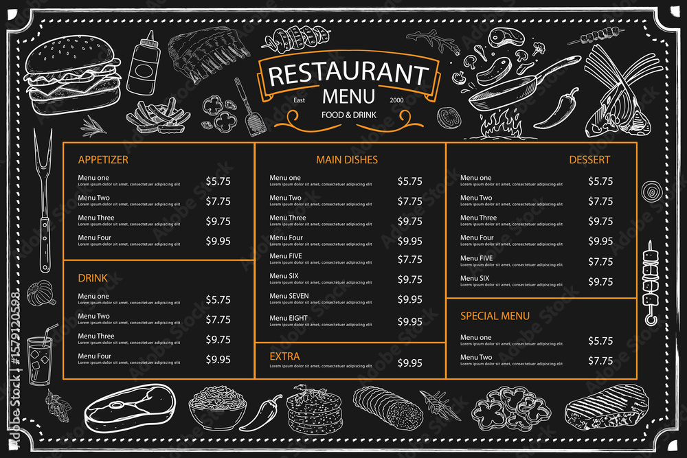 Naklejka premium A menu template with sections and illustrations, suitable for traditional restaurants. A hand-crafted menu poster adorned with rustic illustrations.