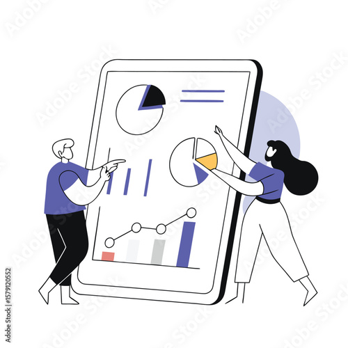 Young diverse team analyzes data reports on large digital device screen