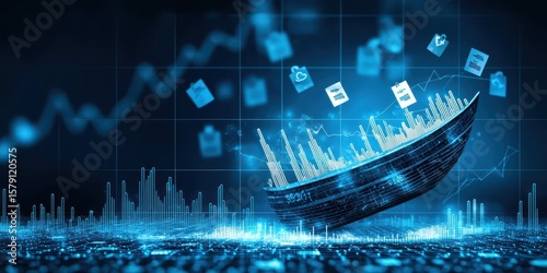 Economy financial background concept. Digital visualization of data analytics with a boat navigating through charts and documents.
