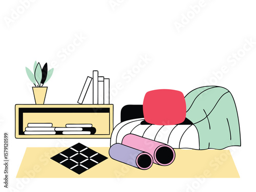 Modern minimalist illustration of a cozy interior with furniture and decorative elements