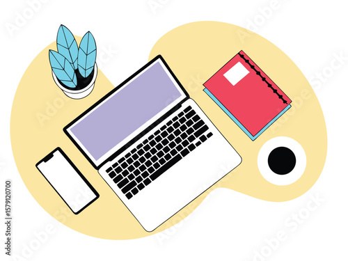 Modern workspace illustration featuring laptop smartphone notebook and coffee cup