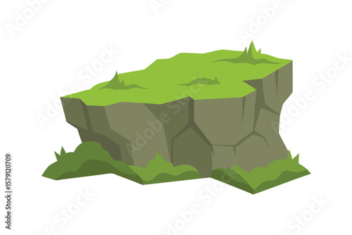 Lush Green Grassy Clifftop, Rock Formation, Nature Illustration