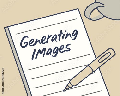 Notebook with generating images text and pen illustration on a white background