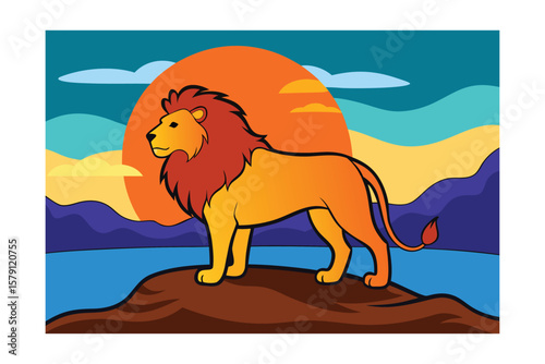 Majestic Lion at Sunset African Savanna King Illustration