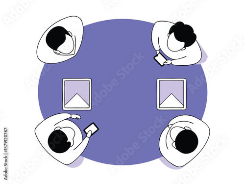 Overhead view illustration depicting people interacting with devices around a table