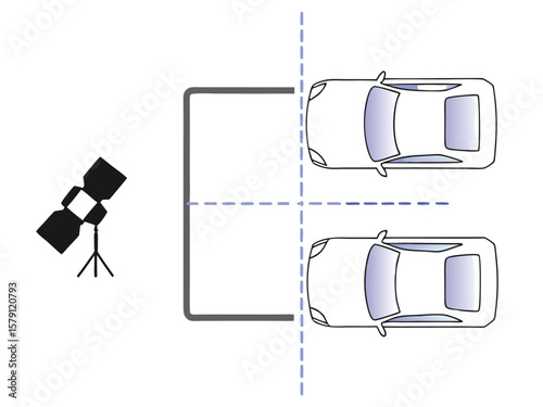 Overhead view of two cars with light setup suitable for production and content creation
