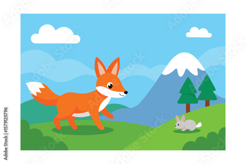 Charming Fox and Rabbit Illustration A Friendly Encounter in a Mountain Meadow