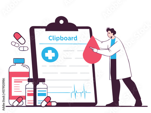 Young doctor holds blood drop next to clipboard featuring medical data and pills