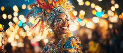 Colorful Carnival Celebration with Smiling Woman in Festive Costume