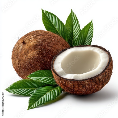 Whole and halved coconut with green leaves isolated on white background