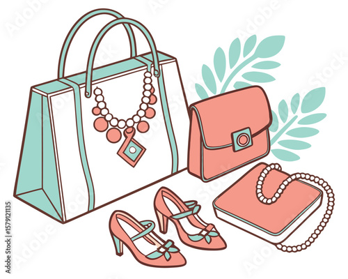 Stylish accessories illustration featuring handbag shoes and other fashion essentials