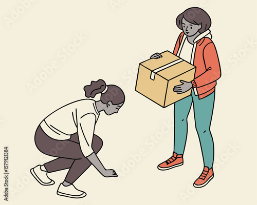 Two women preparing a package delivery in modern minimalist illustration