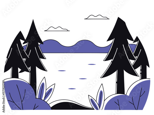 Abstract landscape illustration of a lake and pine trees with transparency