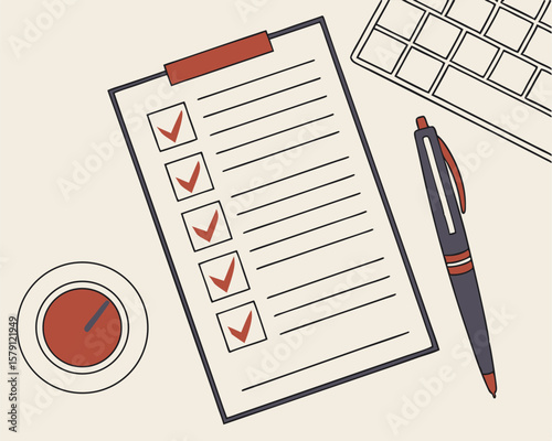 Checklist complete with checkmarks pen keyboard and time management illustration on white