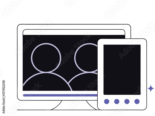 Digital devices illustration showing teamwork and connection with modern flat design