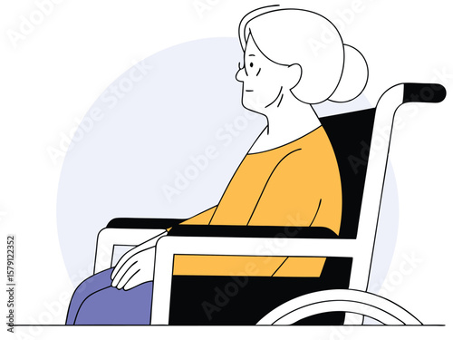 Elderly woman seated in wheelchair illustration on a transparent white background