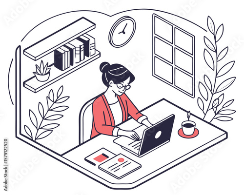 Freelance worker using laptop illustration in isometric view with workspace elements