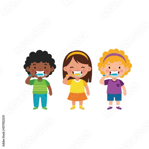 Three diverse children happily brushing their teeth together.