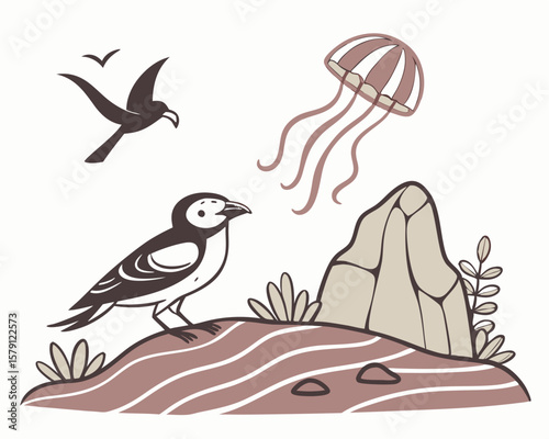 Hand drawn illustration of birds a jellyfish and nature elements on white background