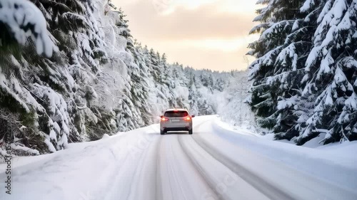 Silver car driving on a snow-covered road lined with snow covered trees in winter season on sunny day.