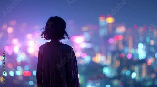 Woman gazing at neon city skyline at night / 夜のネオン都市を見つめる女性