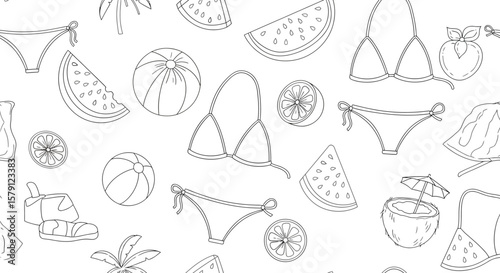 Summer themed seamless pattern with swimwear fruits beach ball and coconut cocktail.