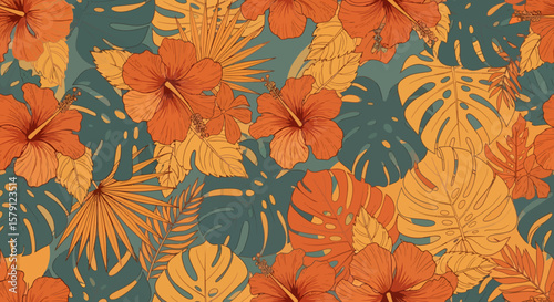 Tropical Hibiscus and Monstera Leaf Pattern with Warm Earthy Tones.